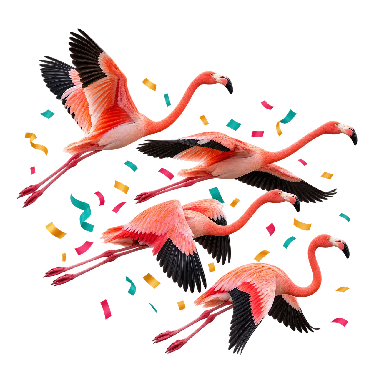 Quatre flamants roses en vol avec des confettis, forfait La Fiesta de cours d'espagnol entre amis