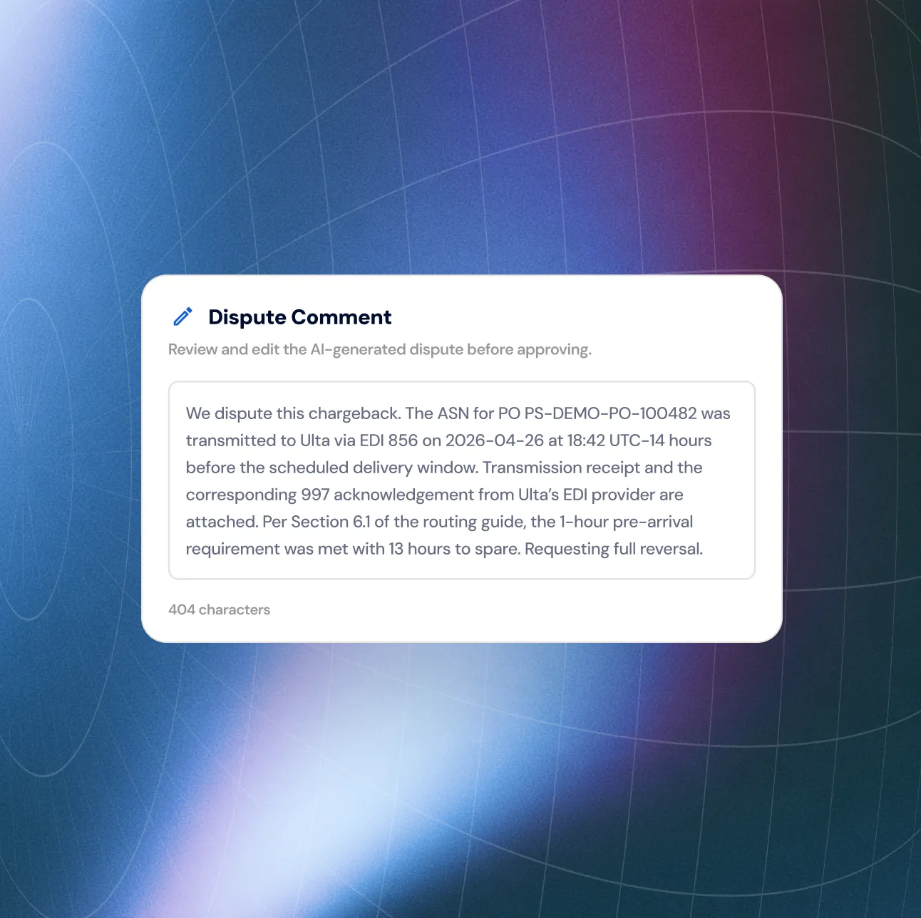 AI-generated dispute comment for an Ulta chargeback, ready to review before approving