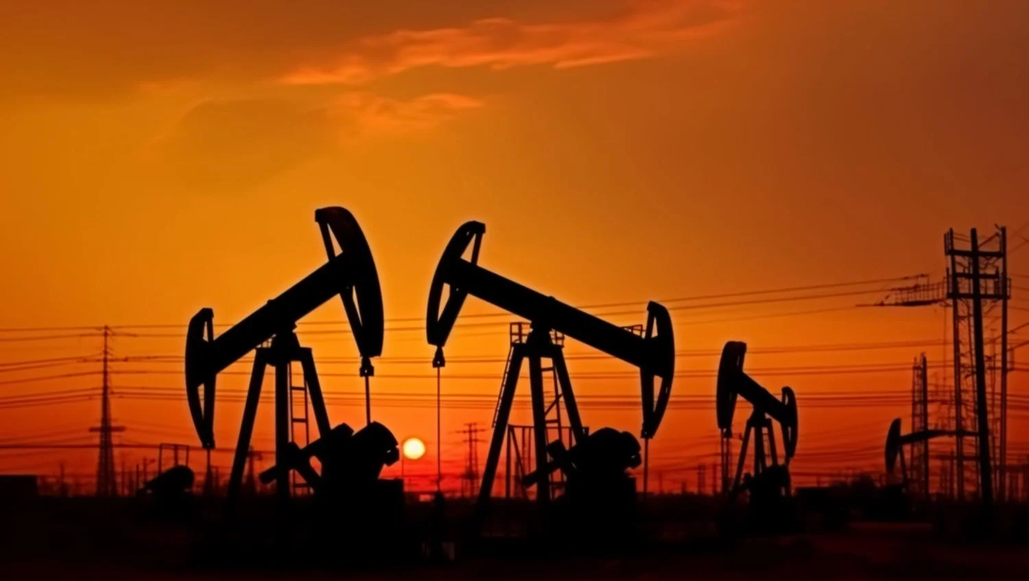 Silhouettes of oil pump jacks operating against an orange sunset sky with the sun near the horizon and power lines in the background.