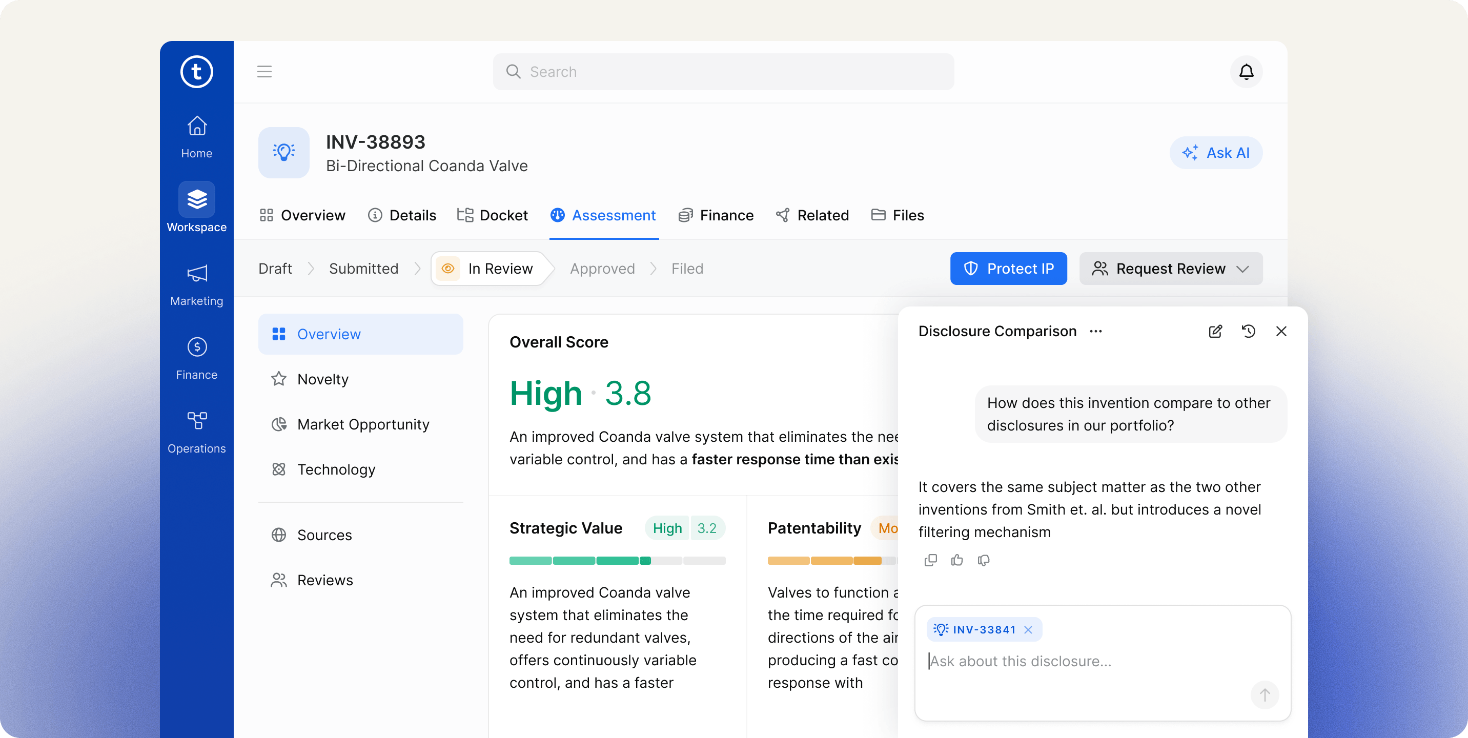 Tradespace AI platform: invention INV-38893 assessment with overall score, strategic value and patentability, and the Ask AI chat panel