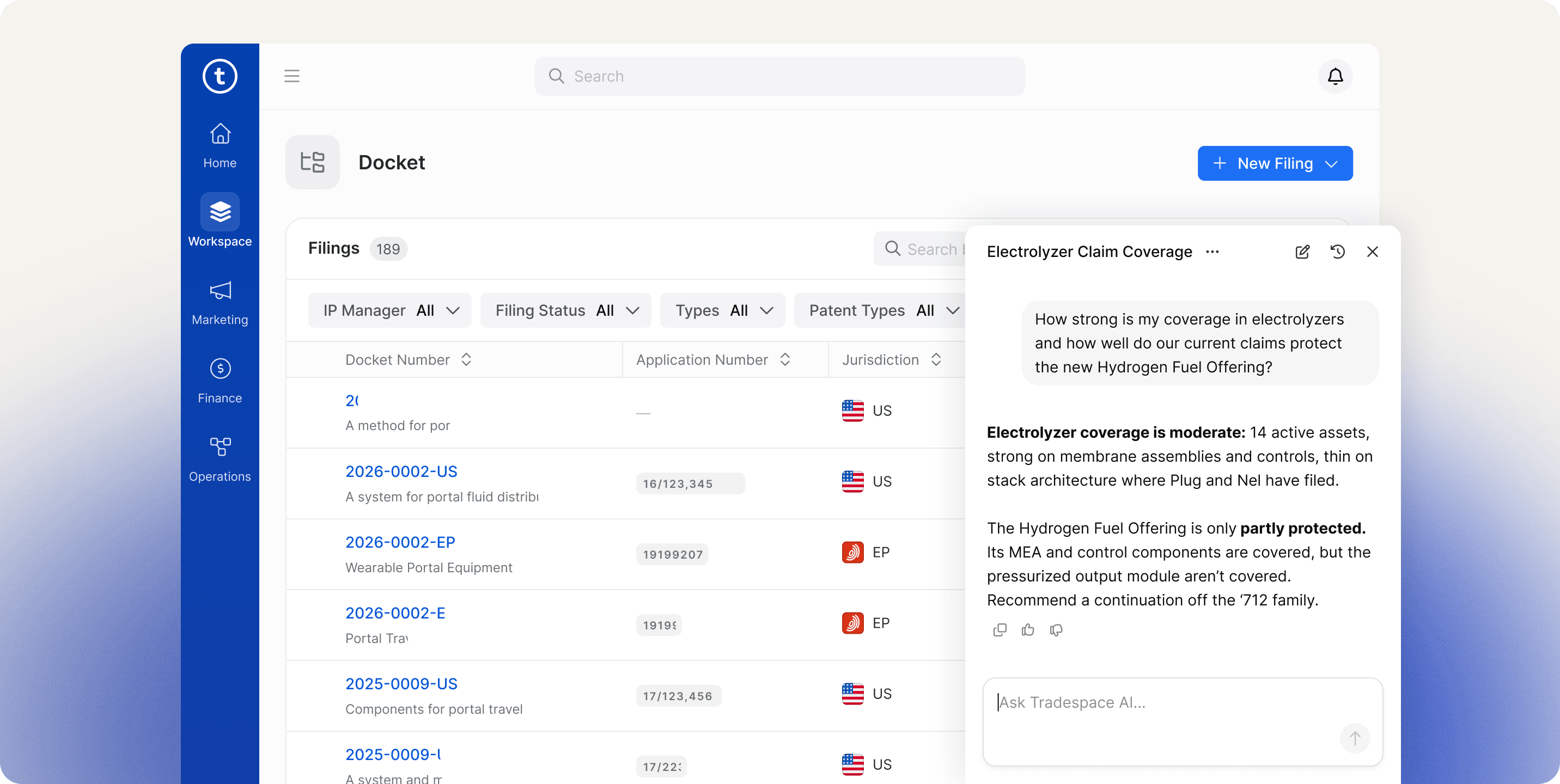 Tradespace IP management: the Docket view listing patent filings by number, application and jurisdiction, with the Ask AI panel summarizing electrolyzer claim coverage