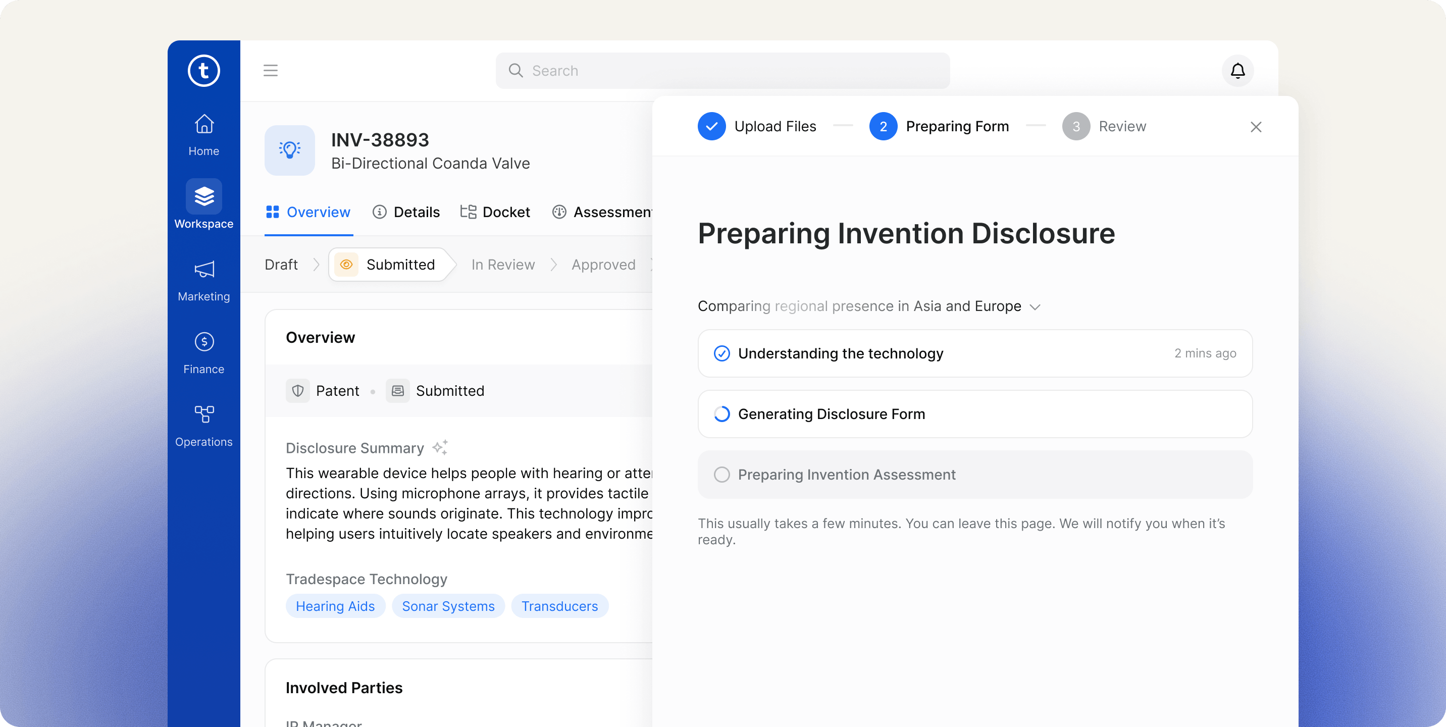 Tradespace invention INV-38893 overview with the AI preparing an invention disclosure form: upload documents, understanding technology, preparing final results