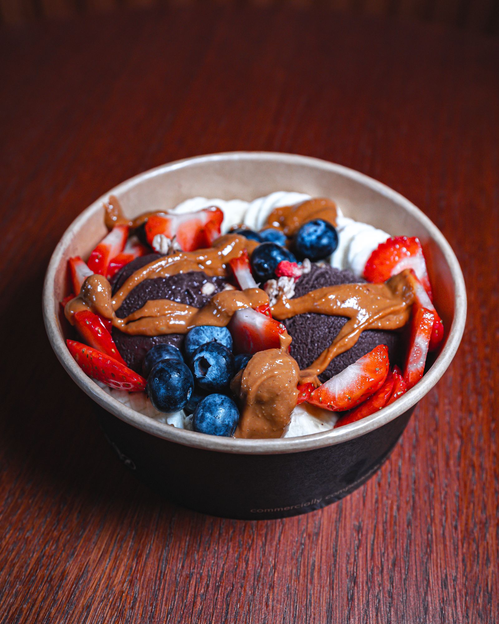 Karley's Bowl organic acai bowl with banana, strawberries, blueberries, peanut butter and gluten free granola