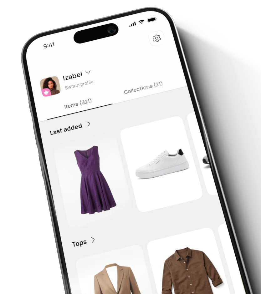 Mobile phone screen showing a clothing app profile for Izabel with sections 'Items' and 'Collections.' Displayed items include a purple dress, white sneaker, beige blazer, and brown button-up shirt.