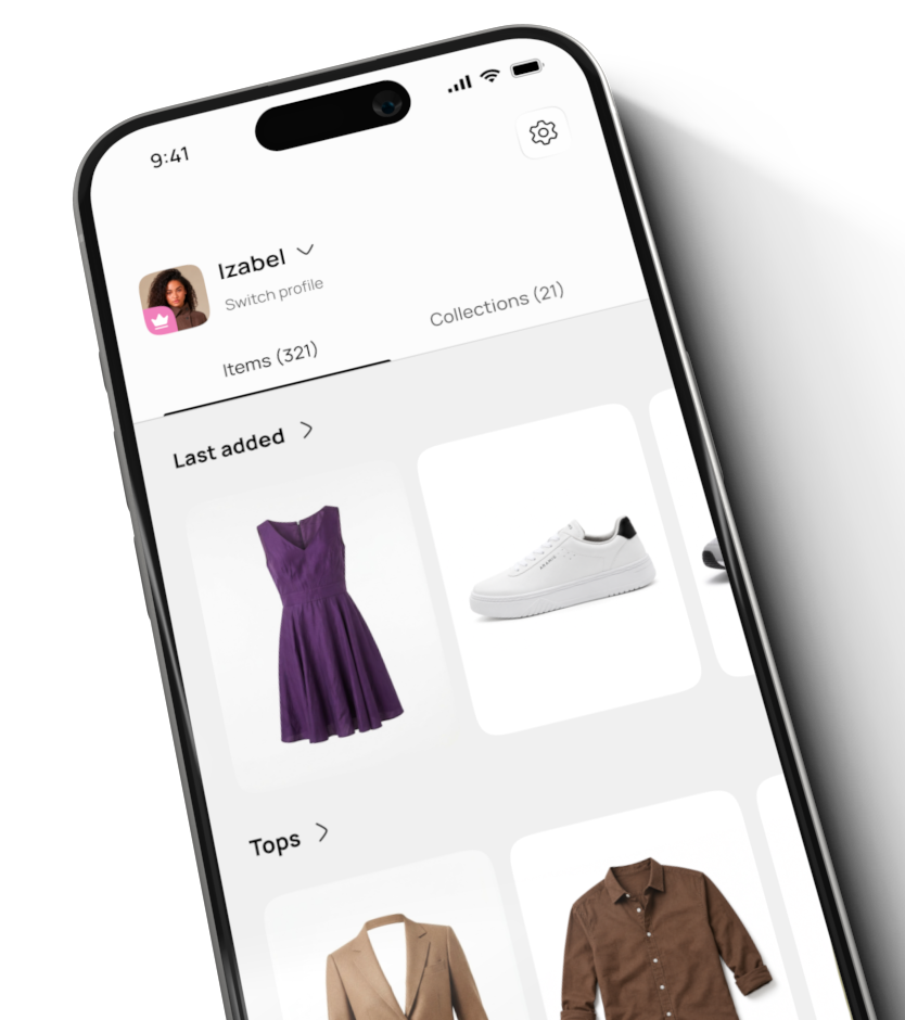 Mobile phone screen showing a clothing app profile for Izabel with sections 'Items' and 'Collections.' Displayed items include a purple dress, white sneaker, beige blazer, and brown button-up shirt.