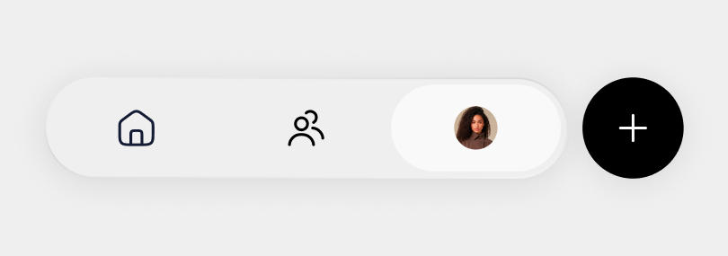 Navigation bar with home icon, group icon, active user profile picture, and a black circular button with a white plus sign.