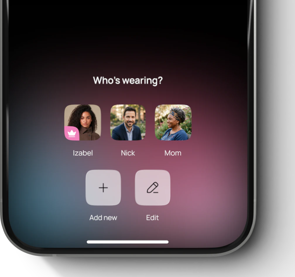 Mobile app screen displaying 'Who's wearing?' with three user profile pictures labeled Izabel, Nick, and Mom; Izabel's picture has a pink crown icon. Below are icons for Add new and Edit.