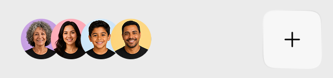 Four circular portraits of diverse smiling people from left to right with purple, pink, yellow, and orange backgrounds, followed by a white square button with a black plus sign.