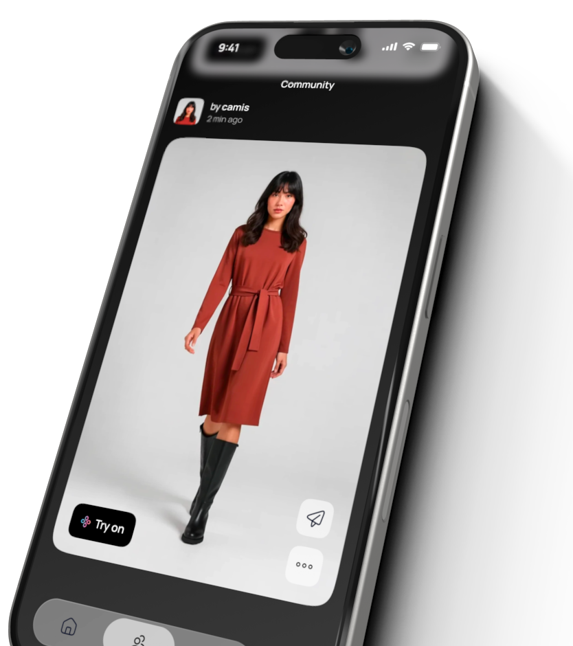 Smartphone screen showing a community fashion app with a woman wearing a rust-colored long-sleeve dress and black knee-high boots, with a 'Try on' button on the bottom left.