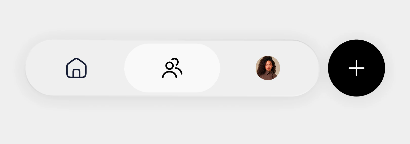 Navigation bar with a home icon on the left, an active user group icon in the center, a circular profile picture of a woman to its right, and a large black circular button with a white plus sign on the far right.