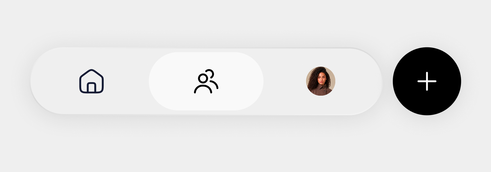 Navigation bar with a home icon on the left, an active user group icon in the center, a circular profile picture of a woman to its right, and a large black circular button with a white plus sign on the far right.