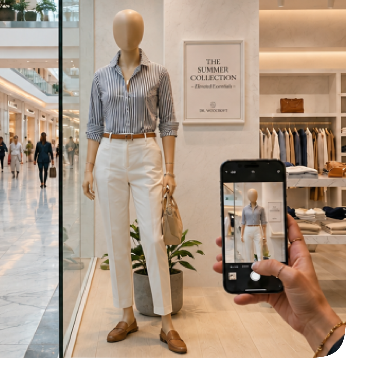 Person holding a smartphone taking a photo of a store mannequin dressed in a blue striped shirt, white pants, and brown shoes, standing inside a modern clothing store with racks of clothes and a sign reading 'The Summer Collection - Elevated Essentials'.
