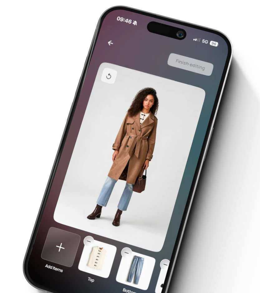 Smartphone screen showing a fashion app with a model wearing a brown belted trench coat, light blue jeans, dark brown ankle boots, and holding a brown handbag against a plain background. The app interface has options to add items and shows thumbnails labeled Top and Bottom.