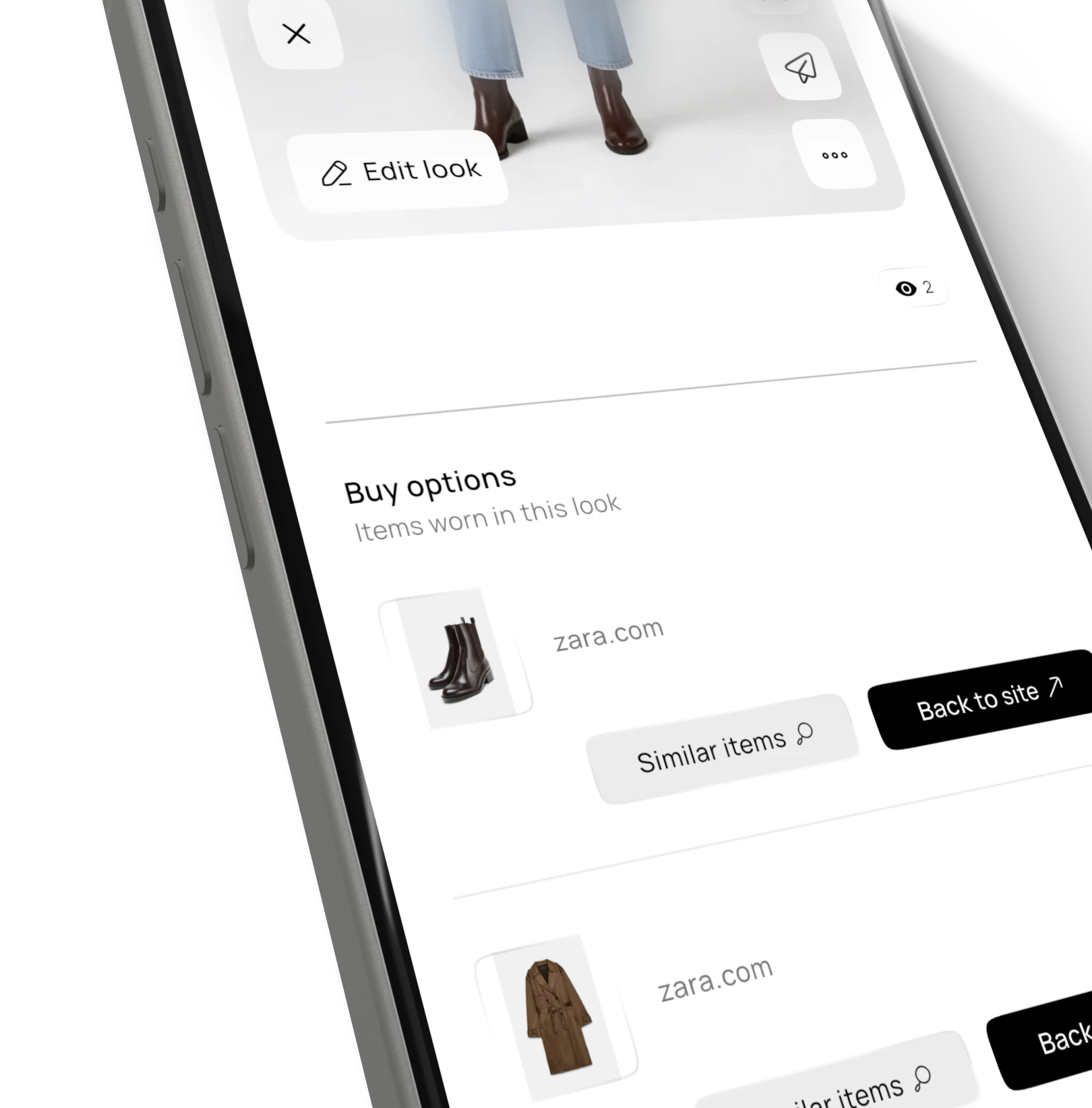 Close-up of a phone screen showing a fashion app interface with buy options for items worn in a look including brown boots and a brown coat, both linked to zara.com, and buttons for similar items and back to site.