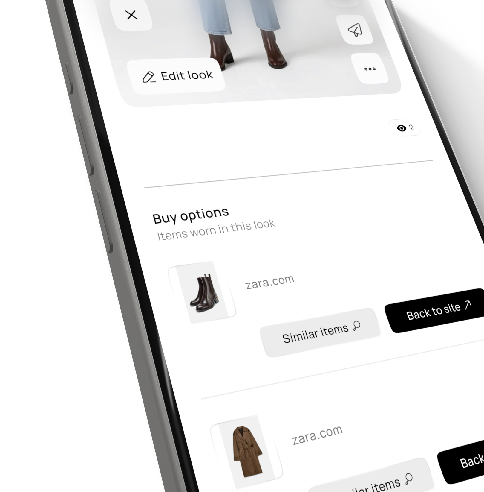 Close-up of a phone screen showing a fashion app interface with buy options for items worn in a look including brown boots and a brown coat, both linked to zara.com, and buttons for similar items and back to site.