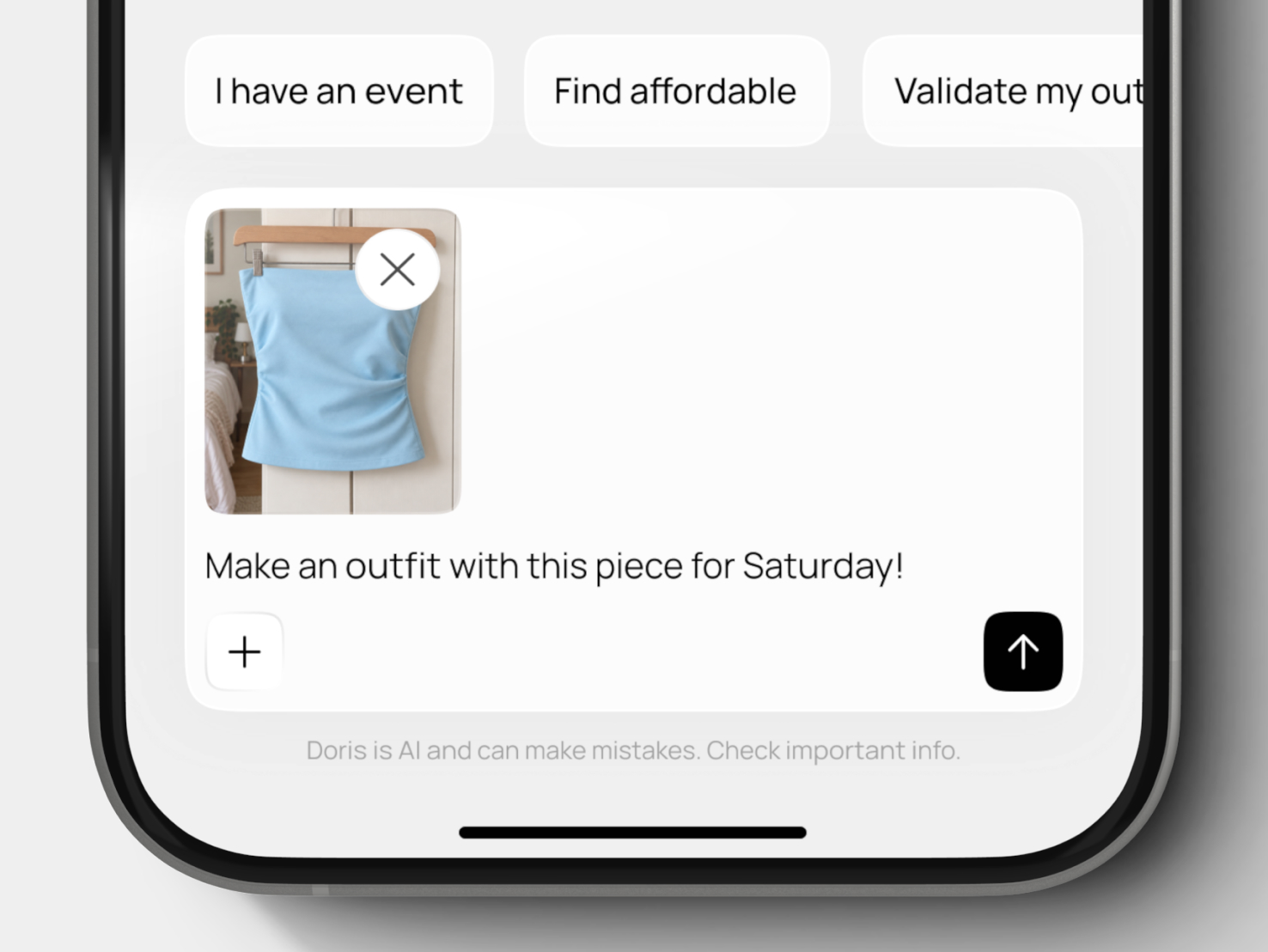 A message in the chat "make an outfit with this blouse for Saturday!"