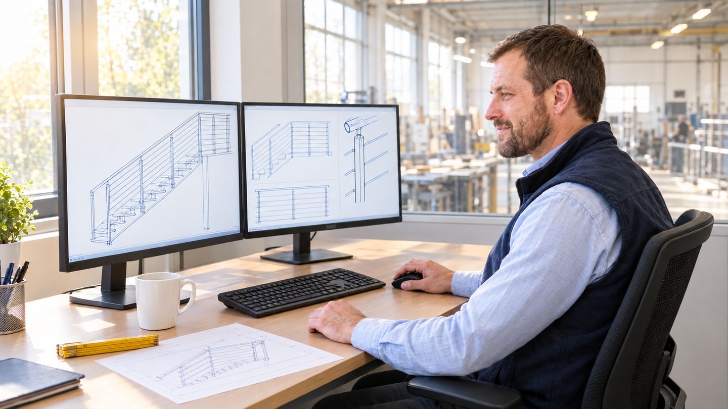 Metallbaumeister am CAD-Arbeitsplatz mit Treppengeländer-Zeichnung