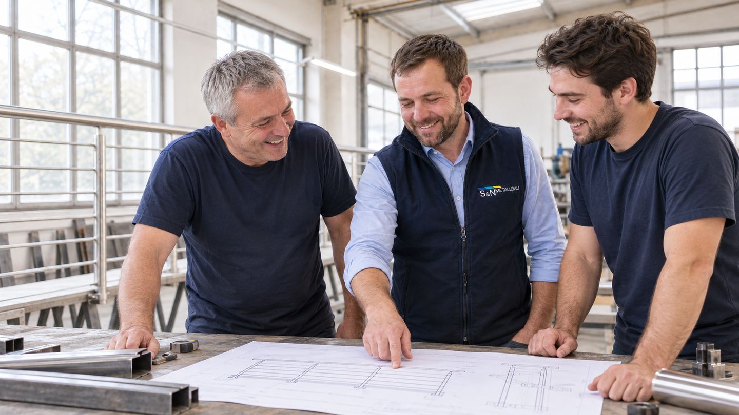 Metallbaumeister und Kollegen besprechen eine Zeichnung in der Werkstatt