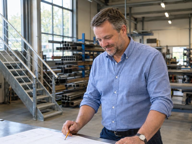 Metallbauer prüft eine Zeichnung am Stahltisch in der Fertigungshalle