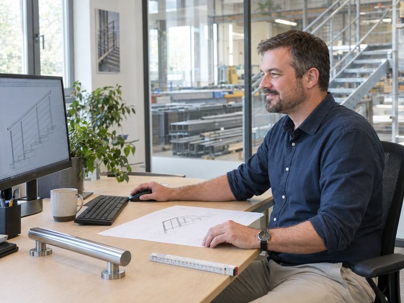 Metallbaumeister im hellen Planungsbüro mit Blick in die Fertigungshalle