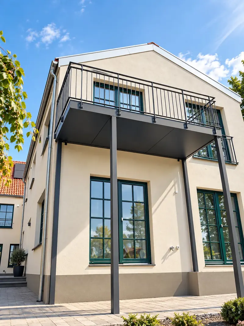 Balkonanlage mit Stahlstützen und Stabgeländer