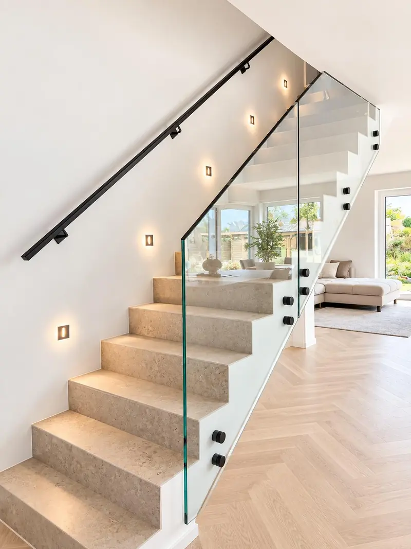 Treppe mit Glasgeländer und Wandhandlauf
