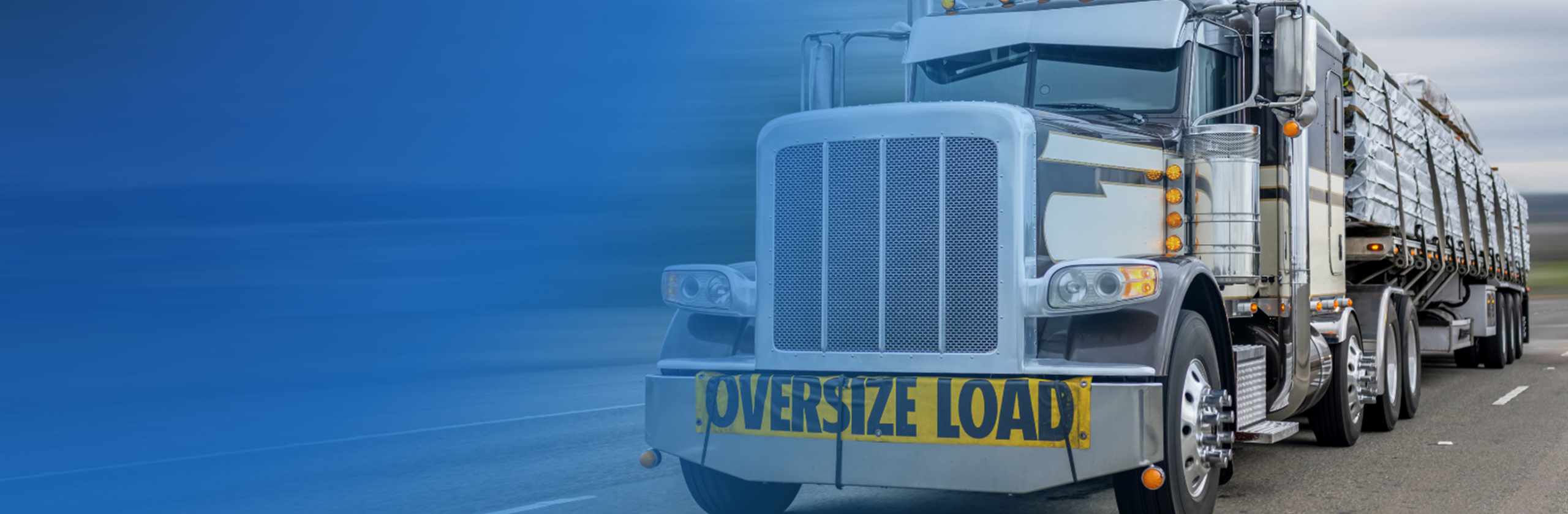 Semi truck with an Oversize Load banner hauling a long flatbed load, with a blue gradient overlay