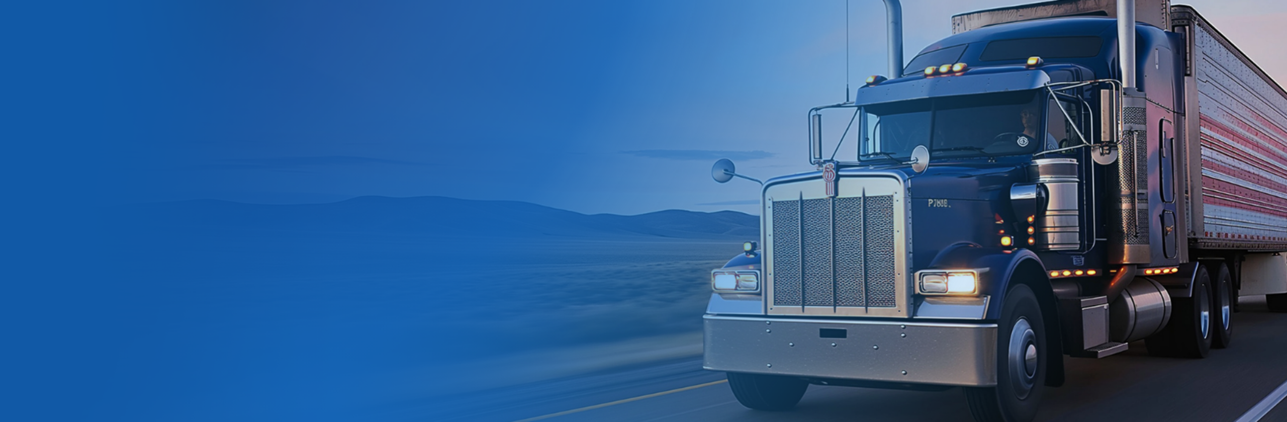 Blue semi truck on an open highway with a blue gradient overlay