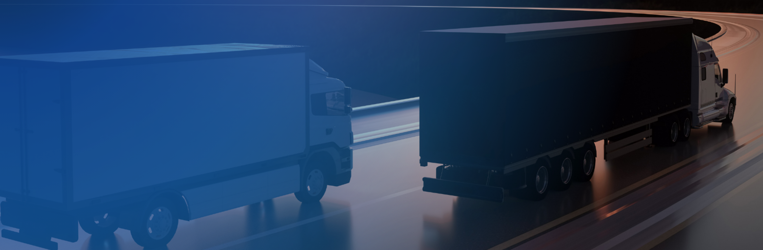 Semi trucks with box trailers on a curving highway at dusk with a blue gradient overlay