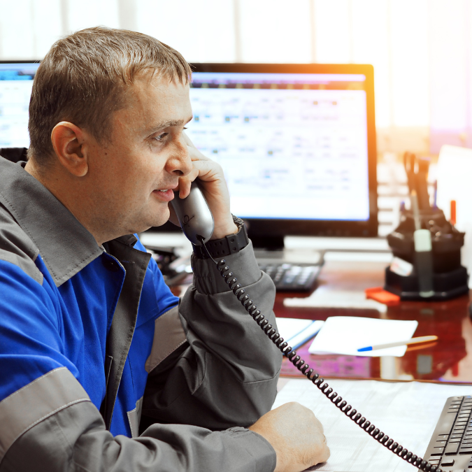 Logistics coordinator on the phone at a computer workstation