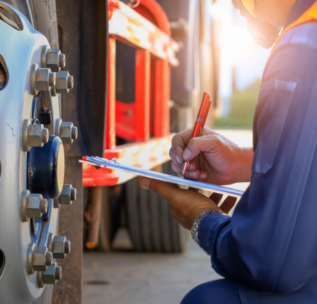 Worker completing an inspection checklist beside a truck wheel