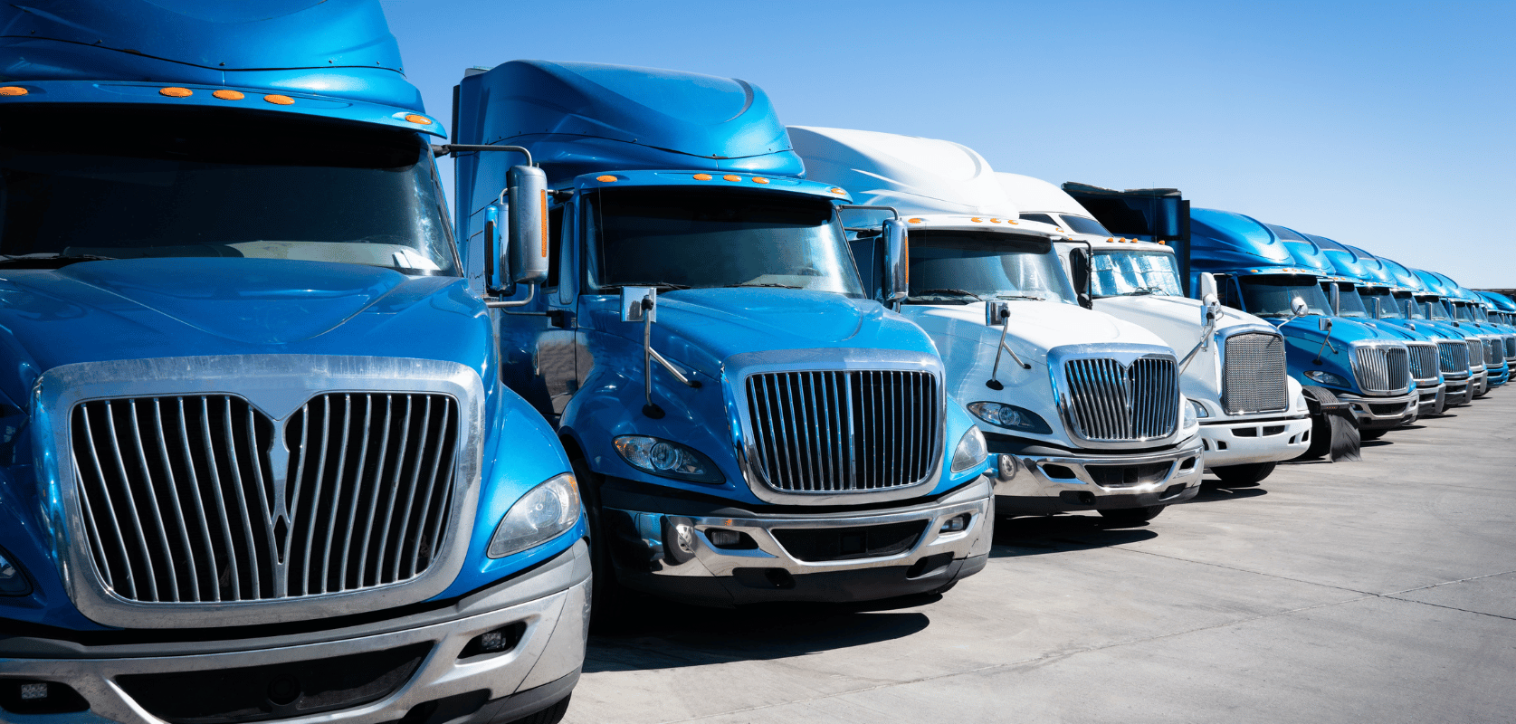 Row of blue and white semi truck tractors parked in a line