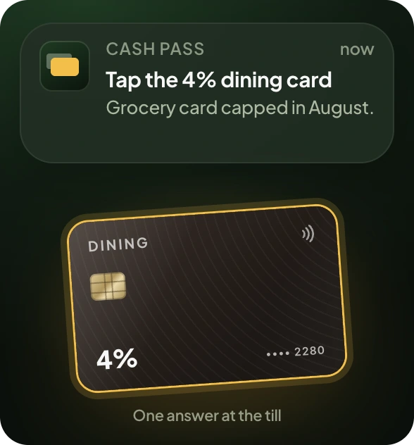 Cash Pass alert telling you to tap the 4% dining card