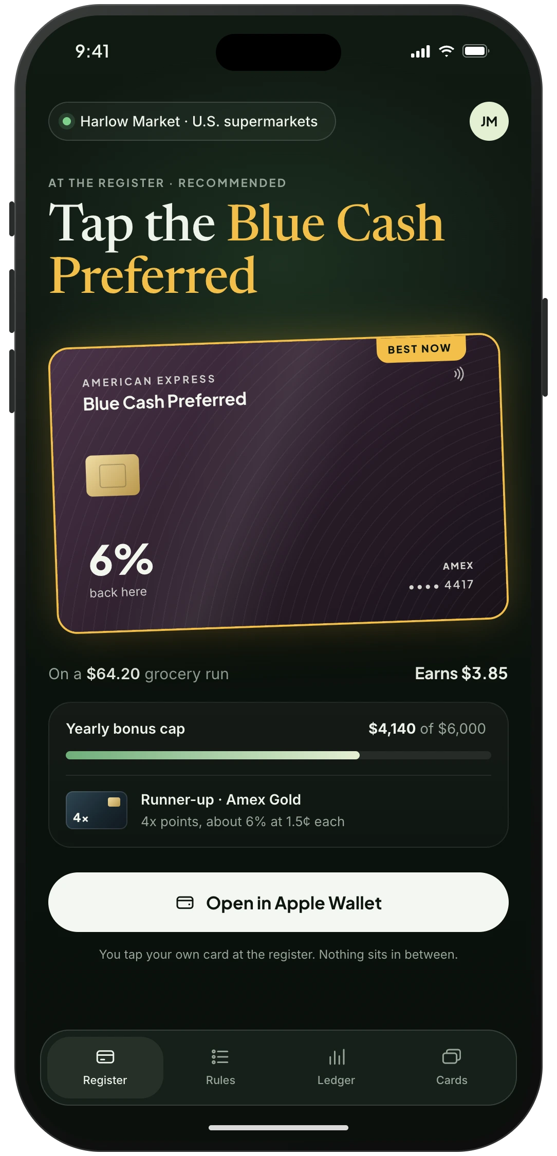 Cash Pass at the register recommending the Blue Cash Preferred for 6% back on groceries