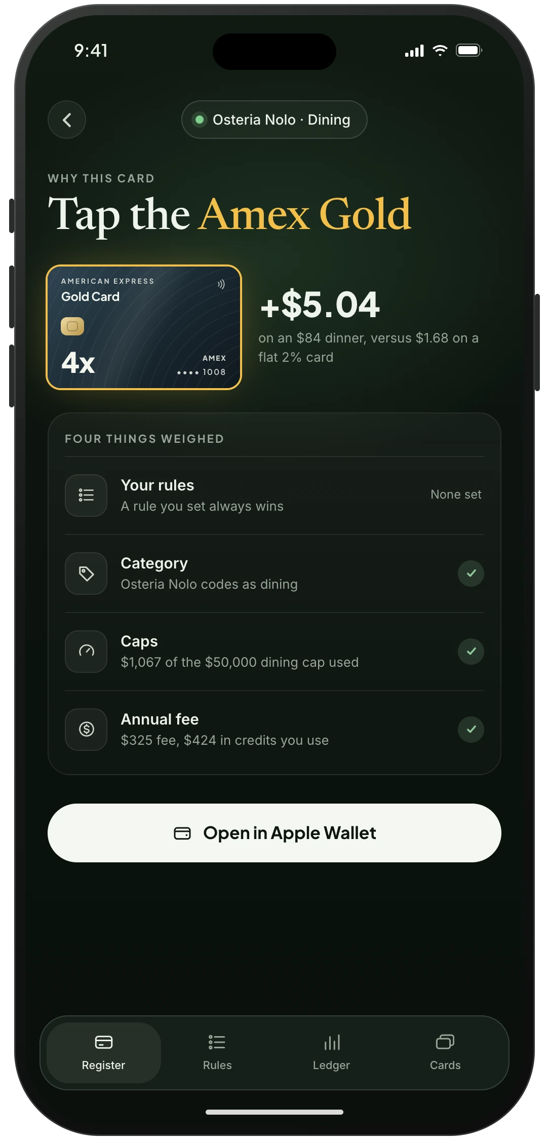 Cash Pass explaining why the Amex Gold wins at a restaurant