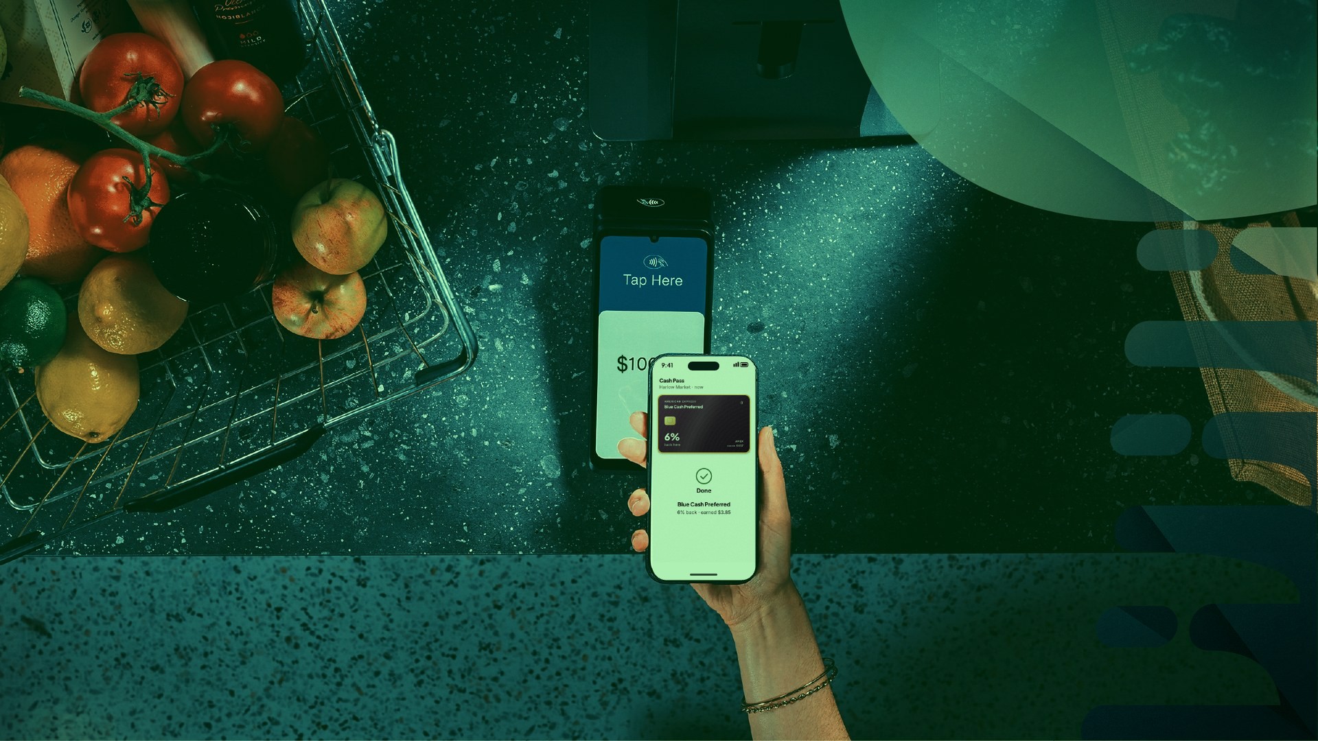Tapping a phone at a card reader at the register with Cash Pass