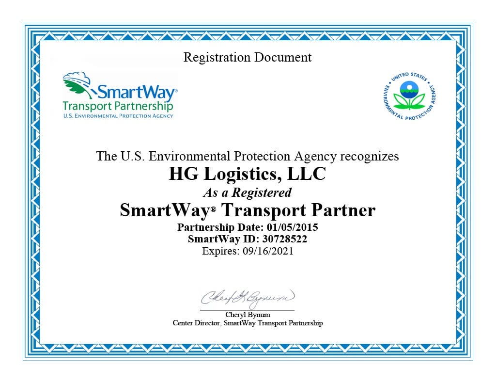 HG Logistics LLC Renews with the U.S. EPA SmartWay Transport Partnership