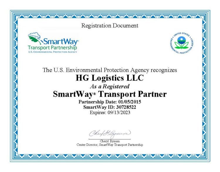 HG Logistics LLC Partners with SmartWay 8 Straight Years
