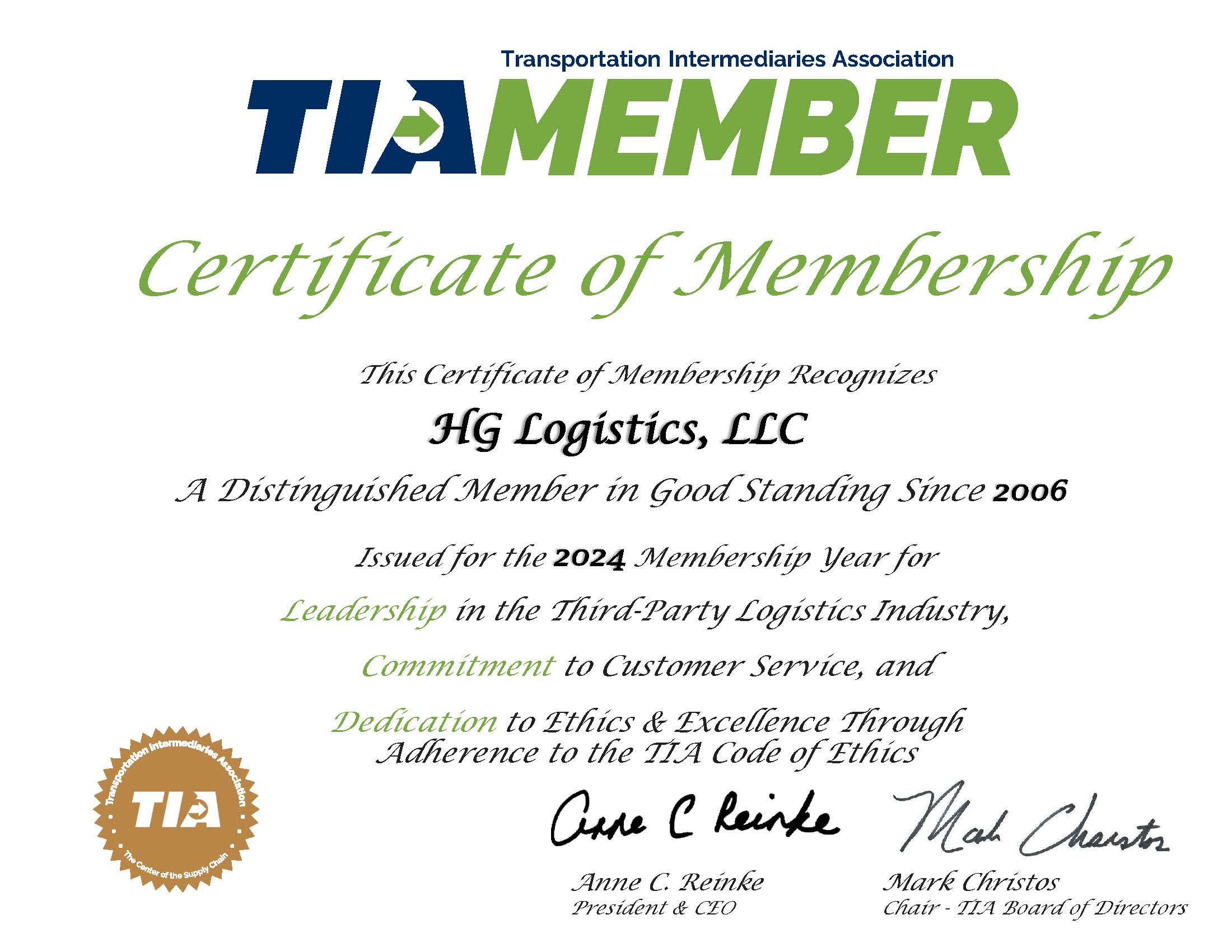 HG Logistics LLC- Longtime TIA Member – Dedicated to Ethics and Excellence