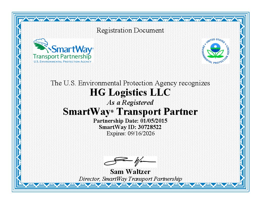HG Logistics Registers With SmartWay for 11 Straight Years