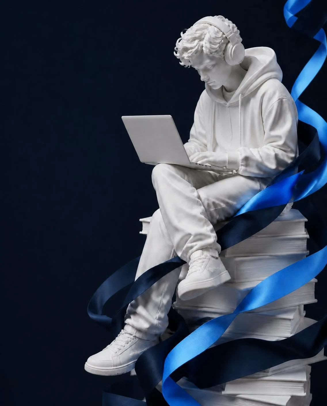 Marble sculpture of a young researcher in a hoodie and headphones, working on a laptop atop a stack of books