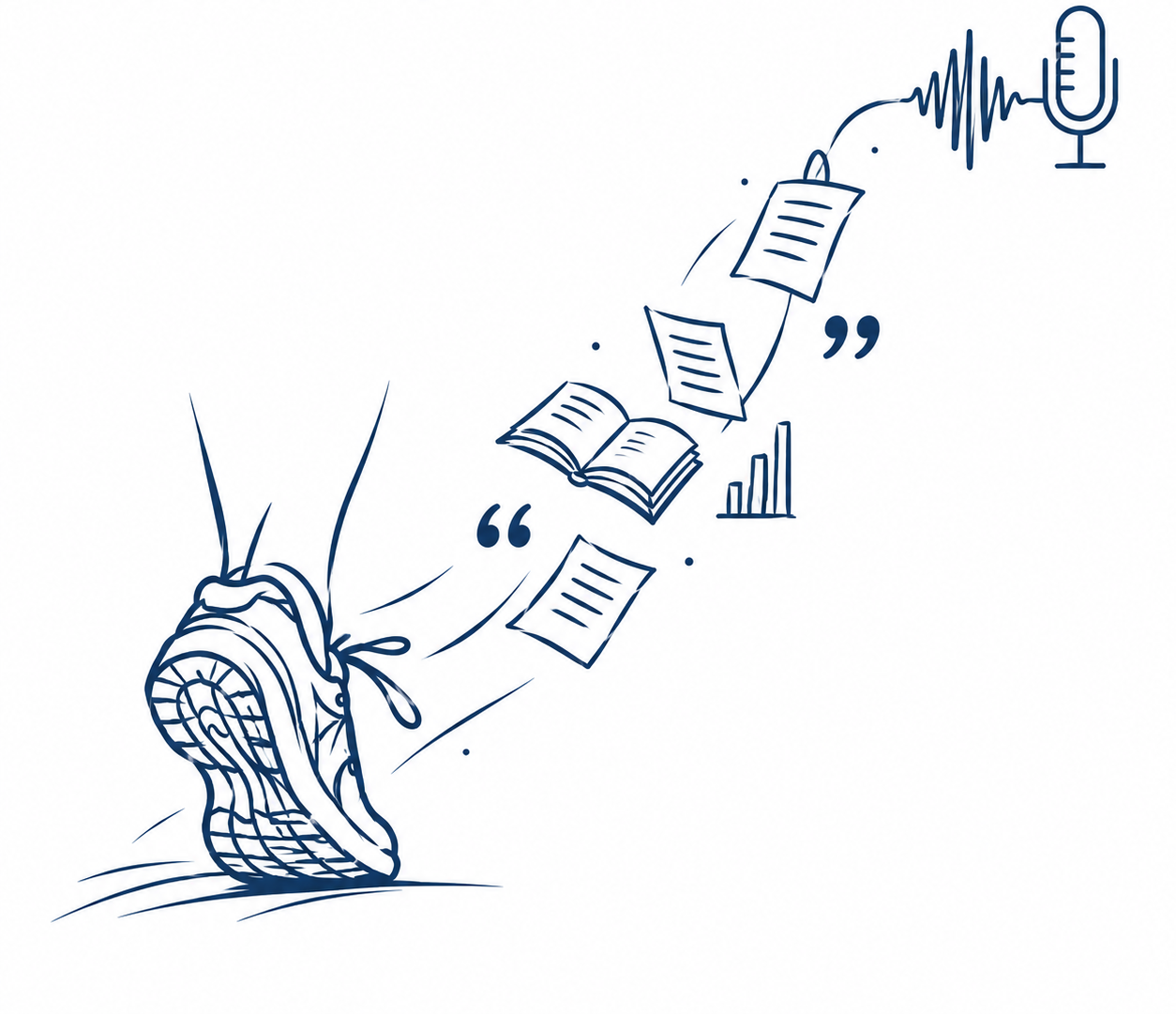 Line drawing of a running shoe mid stride, with notes, books and a microphone rising from it like ideas taking shape