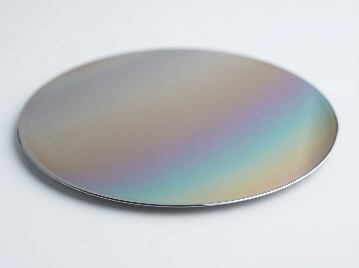 A bare silicon wafer before spotting, with an iridescent sheen from its oxide film.