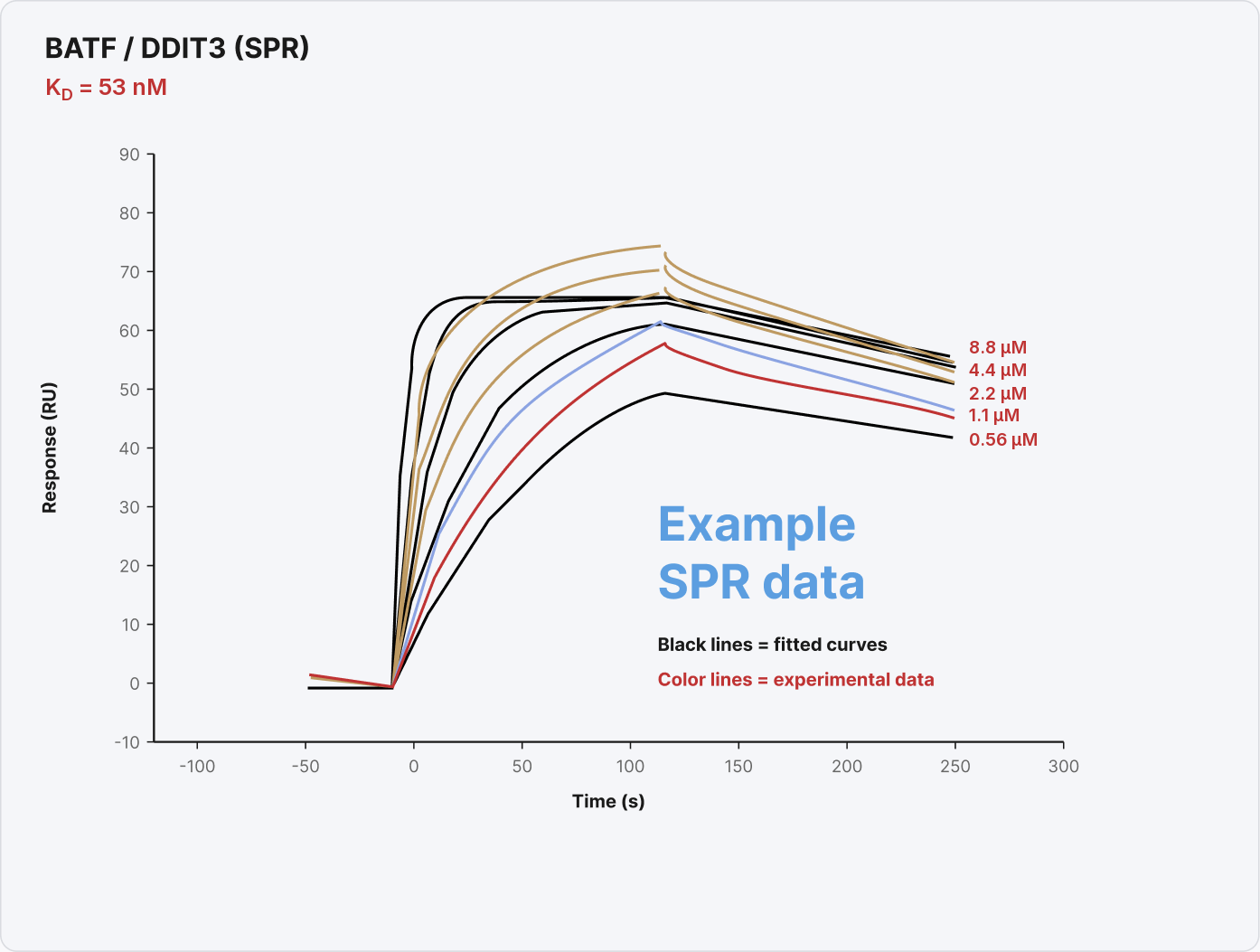 Example SPR data for BATF against DDIT3: response in RU over time in seconds for five concentrations from 0.56 to 8.8 µM. The black fitted curves diverge from the coloured experimental traces. KD = 53 nM.