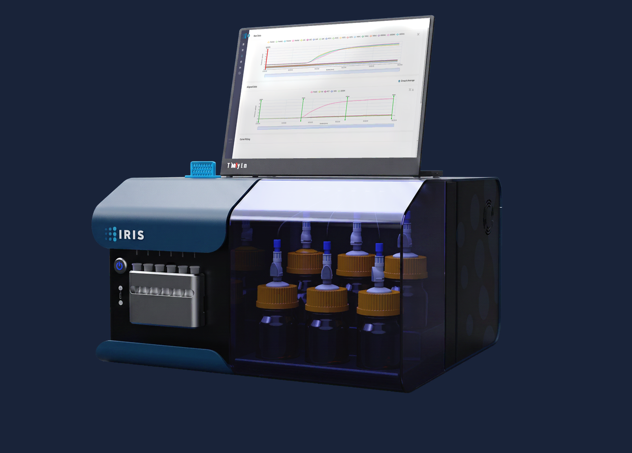 The IRIS MX-200 benchtop instrument, screen raised and showing binding data.