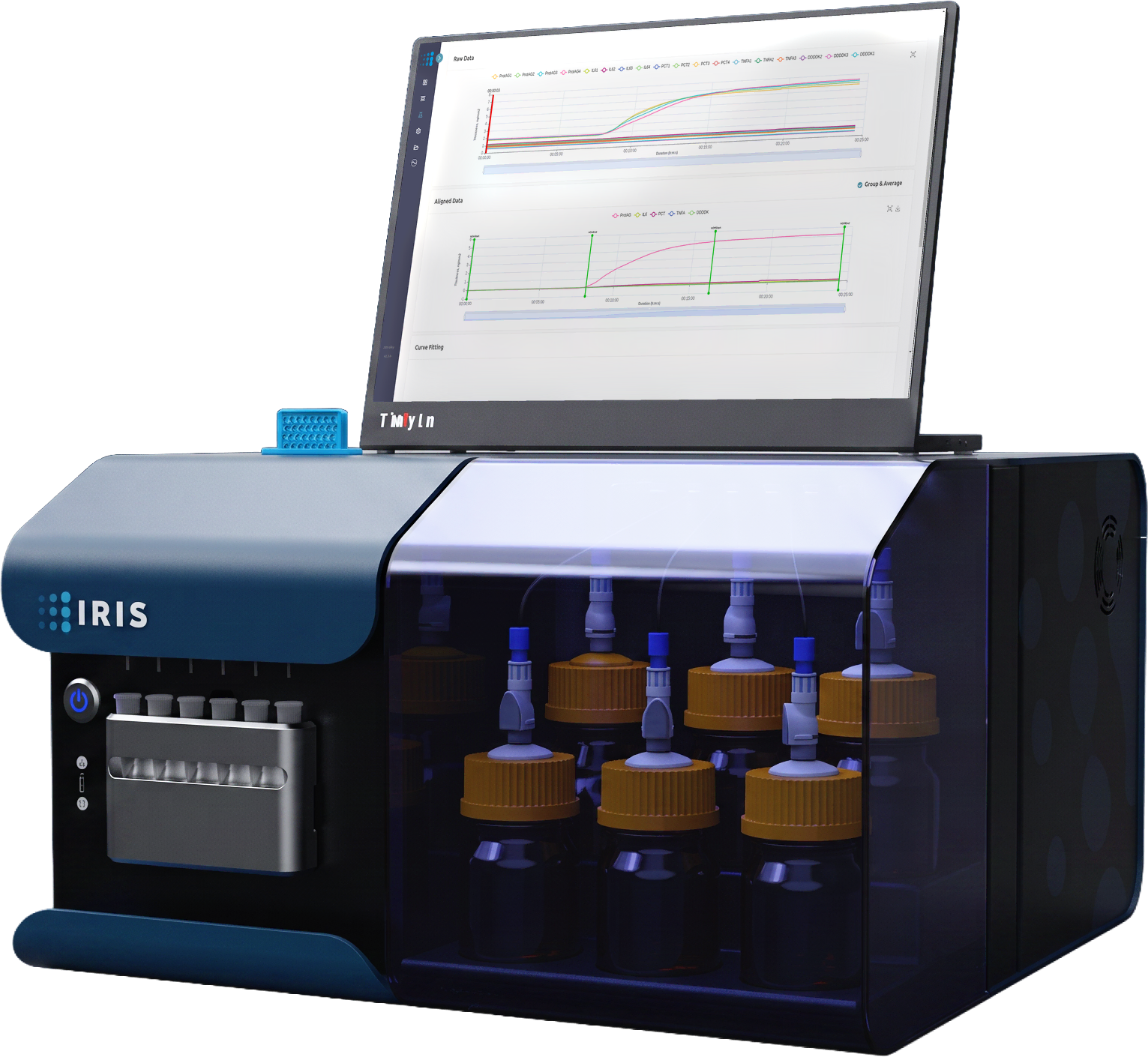 The IRIS MX-200 benchtop instrument with its screen raised.