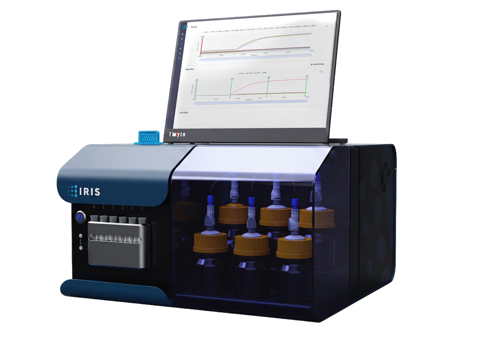 The IRIS MX-200 benchtop instrument, screen raised and showing binding data.
