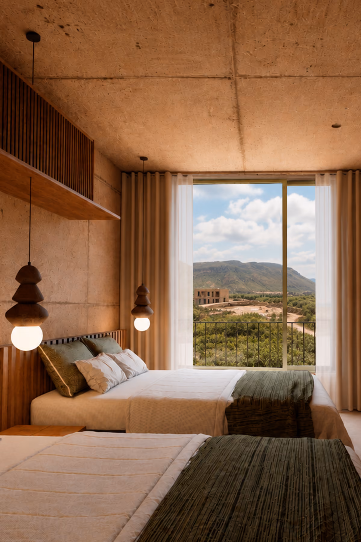 Villa bedroom with a large window framing mountain views