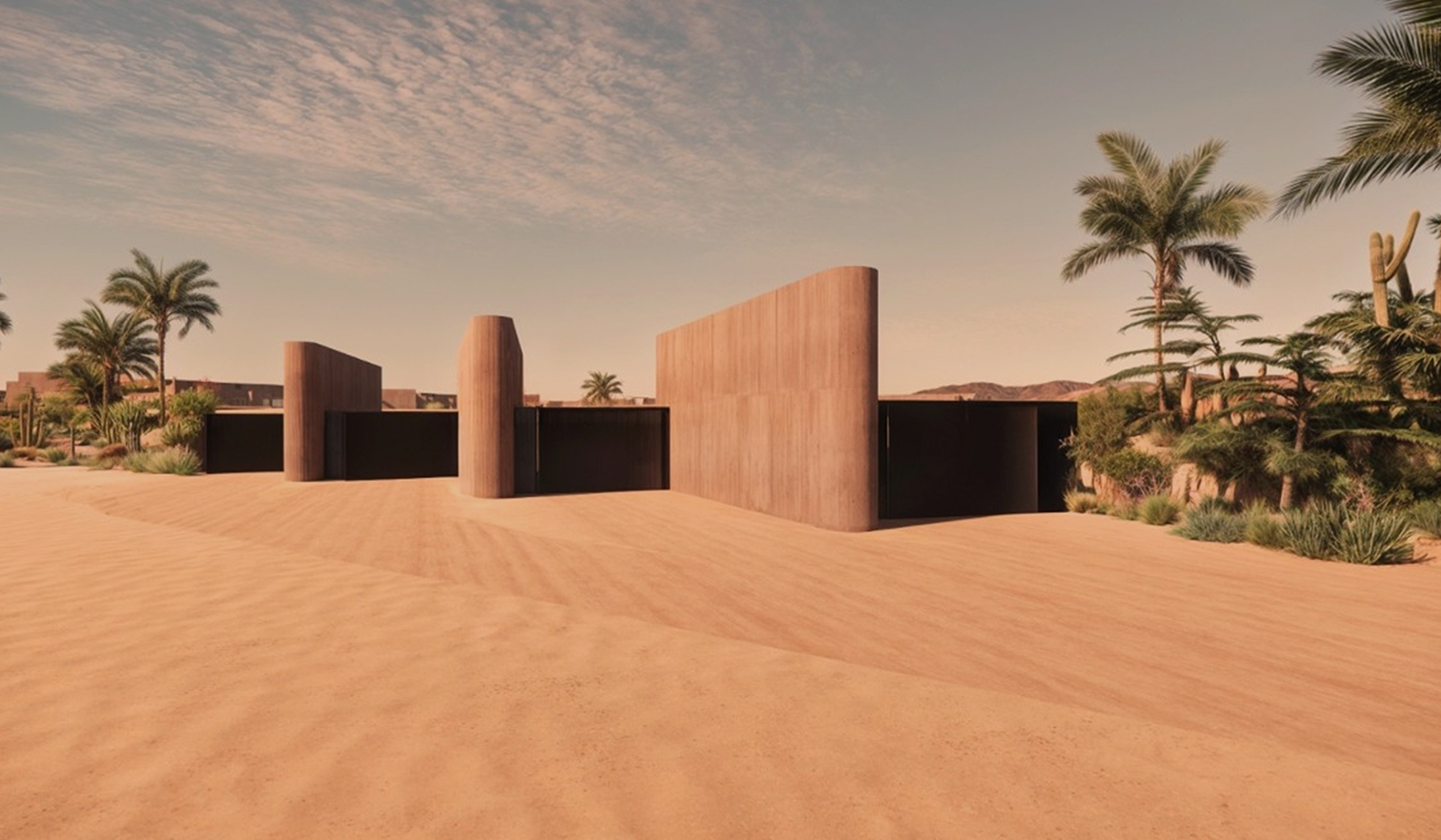 Paradero villas with earthen walls set among desert sand and palms