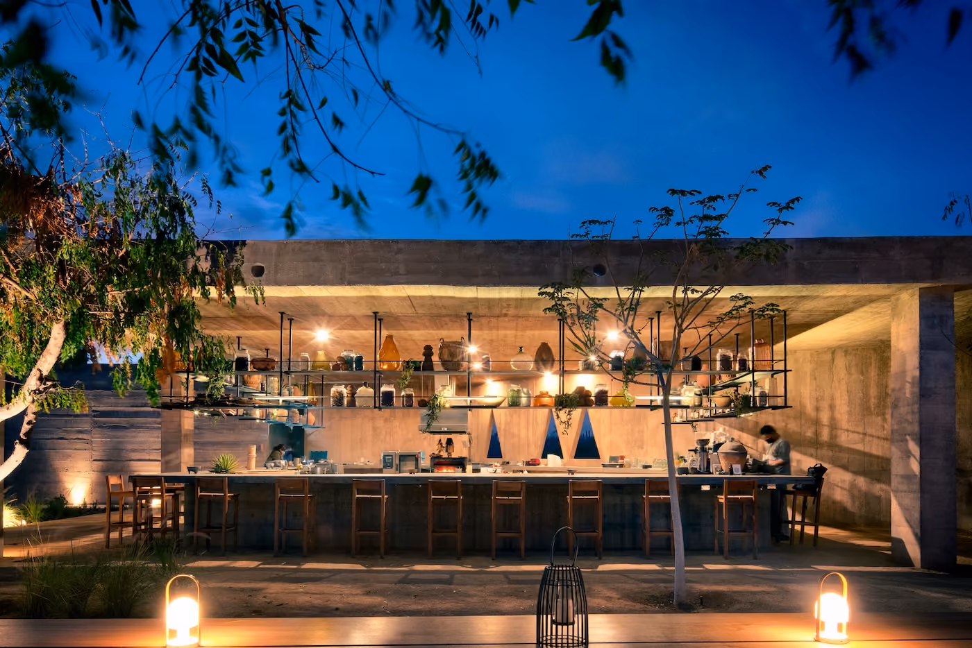 Tenoch restaurant bar glowing at dusk under the trees